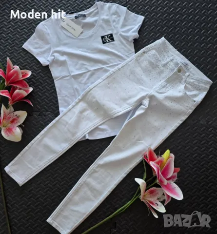 Последни бройки! Calvin Klein тениска в комплект с дънки с камъни , снимка 1