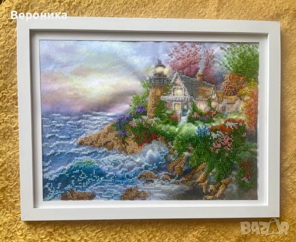 ушит гоблен с чешки мъниста "Къща край морето"