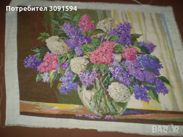 Голям ръчно ушит-бродиран гоблен ваза със цветя