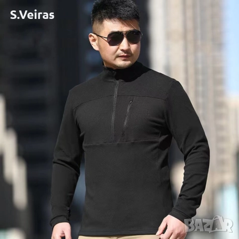 Мъжки пуловер, с дълъг ръкав и джоб, кадифен пуловер, Slim Fit, Цвят-Черен, снимка 2 - Пуловери - 52857910