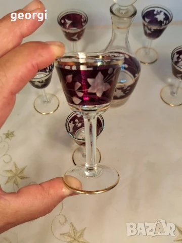 ретро сервиз за ракия цветно гравирано стъкло със златен кант, снимка 10 - Чаши - 50723370