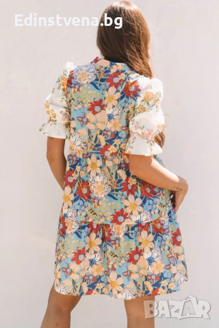 Дамска къса рокля с флорален принт, V-образно деколте и плетени детайли, снимка 2 - Рокли - 53081867