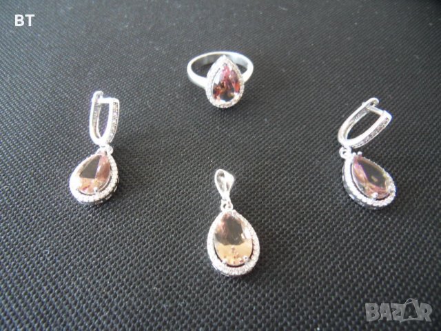 НАМАЛЕН  НОВ  Сребърен комплект със султанит - обеци, пръстен , медальон, снимка 2 - Бижутерийни комплекти - 34266354