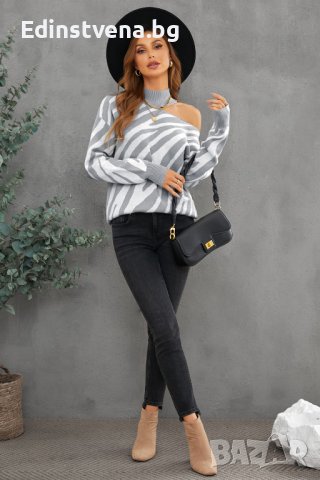 Дамски пуловер в сив цвят със зебра принт и голо рамо, снимка 7 - Блузи с дълъг ръкав и пуловери - 42781456