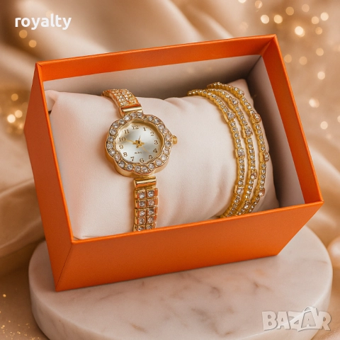Елегантен дамски комплект – кварцов часовник с гривни в подаръчна кутия, снимка 2 - Бижутерийни комплекти - 52122177