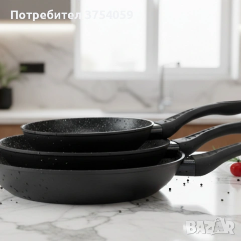 Комплект тигани Cheffinger с мраморно покритие – 3 части за всяка кухня - черен цвят, снимка 4 - Съдове за готвене - 53124743