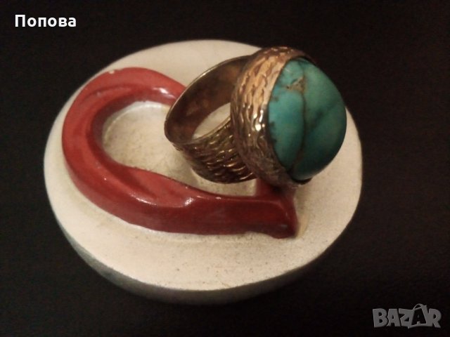 Винтидж дизайнерски сребърен пръстен с естествен тюркоаз и позлата, снимка 4 - Пръстени - 33975639