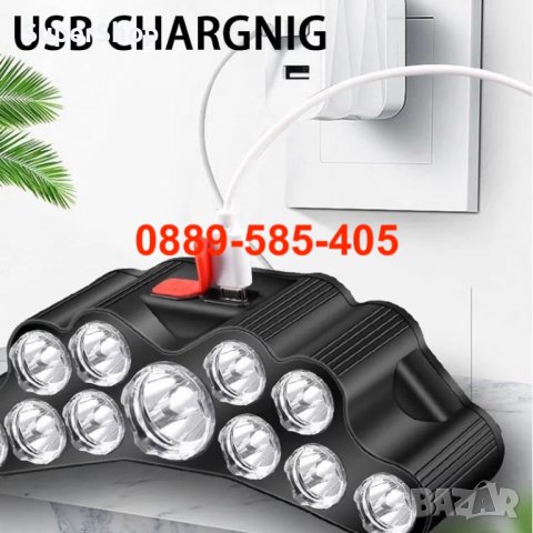 Мощен Работен Челник 11 LED диода фенер за глава с USB лампа, снимка 2 - Къмпинг осветление - 38671494