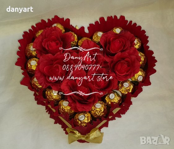 Сърце от червени рози и бонбони Ferrero Roche , снимка 4 - Изкуствени цветя - 39479514