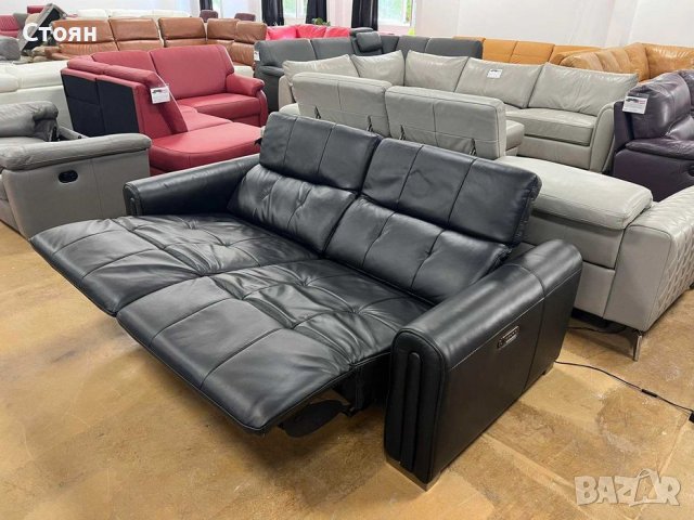 Черен кожен диван тройка с електрически релакс механизъм "Alessio", снимка 2 - Дивани и мека мебел - 39977135