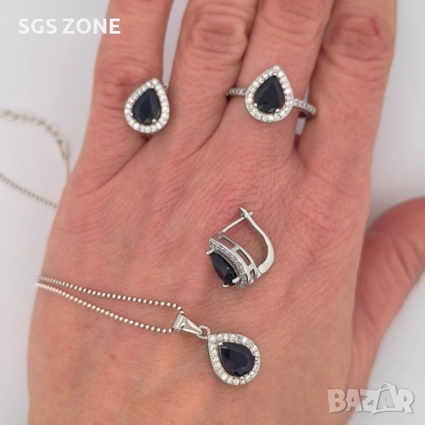 Сребърен Комплект от Тайланд със Сапфири, снимка 2 - Колиета, медальони, синджири - 49750435