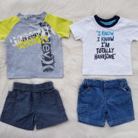 Дънкови къси панталони и тениски за бебе 6-9 месеца, снимка 1 - Комплекти за бебе - 36541083