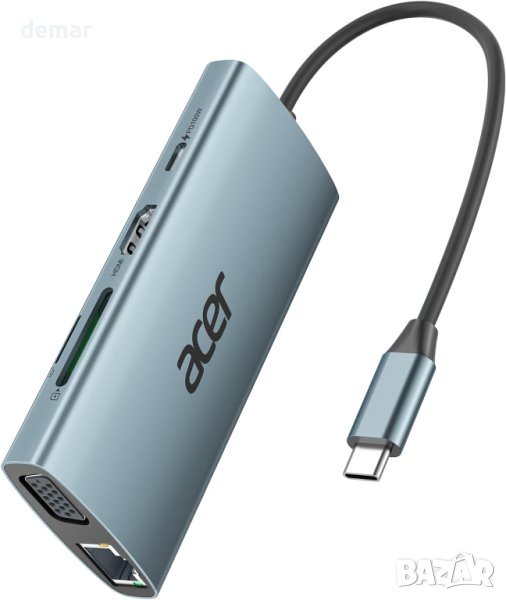 Acer USB C докинг станция 9 в 1, 4К HDMI, RJ45, PD 100W, USB-A 3.1,VGA, снимка 1