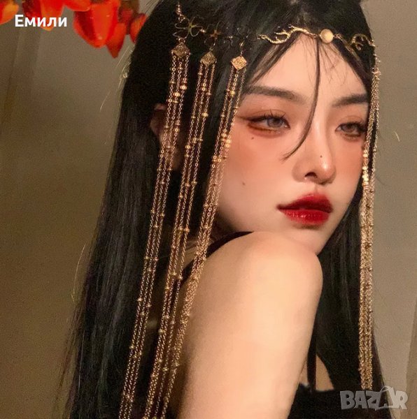 Дълго бижу, аксесоар за коса и лице - верижка и цветя в златист цвят и кристал в пастелни цветове, снимка 1