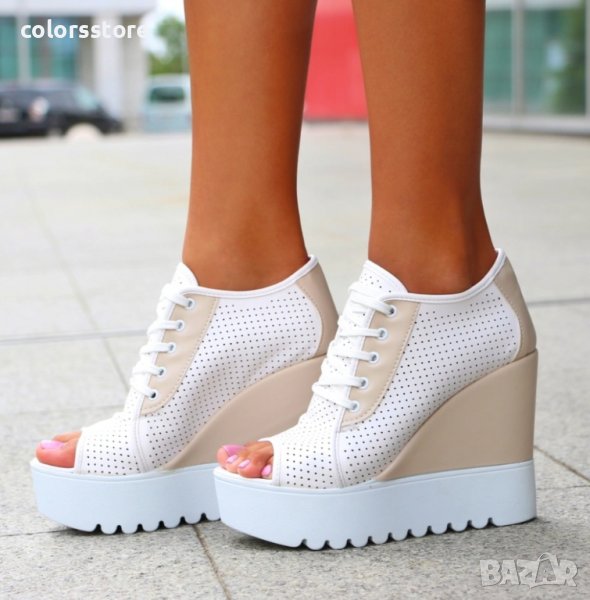 Летни боти на платформа - бяло с бежово - K222, снимка 1