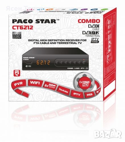 Комбиниран HD кабелен и ефирен DVB-C, DVB-T/T2 приемник с iptv Paco Star CT6212, снимка 1