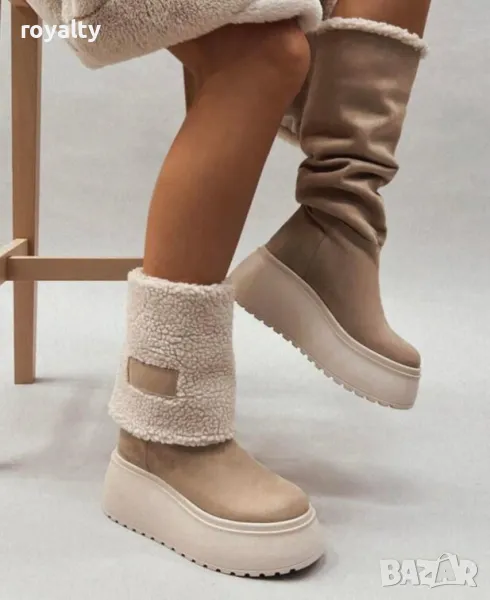 Боти на платформа - бежов велур , снимка 1