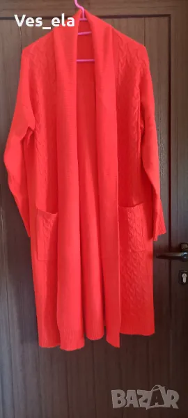 дълга червена дебела отворена тънка жилетка с джобове , снимка 1