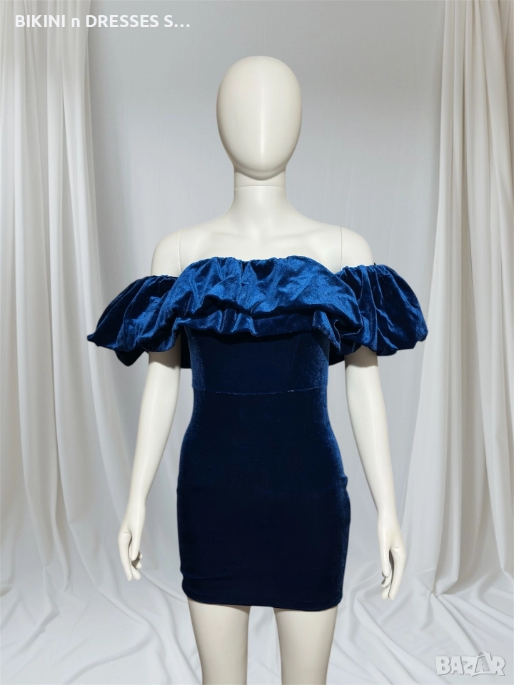 Синя велурена рокля , снимка 1