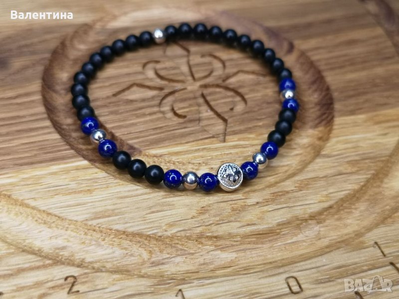 Дамска/ мъжка гривна естествени камъни оникс, лапис лазули и сребърни елементи с Лого, снимка 1