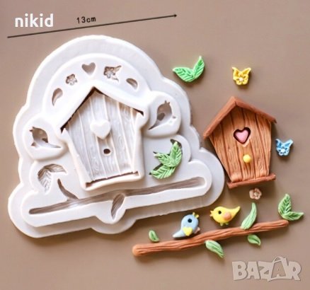 Дървена къщичка за птички и клон с бухалчета силиконов молд форма декор торта сладки фондан и др. ук, снимка 1