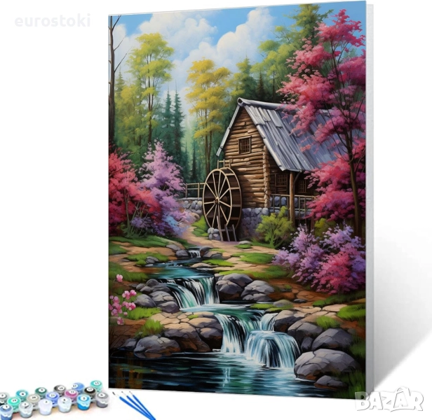 Tucocoo Комплекти за рисуване по номера с рамка с пейзаж и водопад, с четки и акрилни бои върху плат, снимка 1