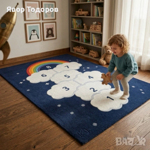 Детски килим за игра 120х160см - Тъмносин килим с облачета и дъга, противоплъзгащ и миещ се