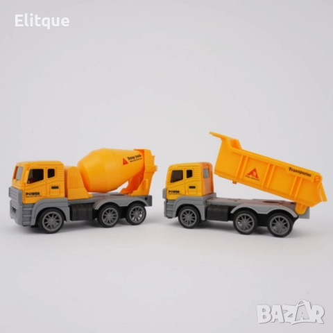 Комплект жълти строителни камиони с въртяща се цистерна и повдигаща се каросерия