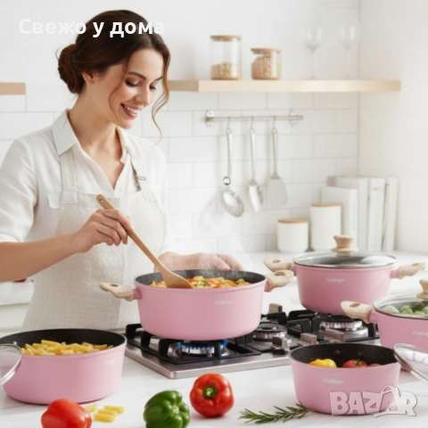 Cheffinger - Розов комплект тенджери, с мраморно покритие, здравословно готвене без залепване, снимка 3 - Съдове за готвене - 54170805