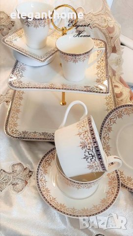 Луксозен порцеланов комплект за двама - 2 броя чаши за кафе с чинийки, снимка 1 - Чаши - 37304061