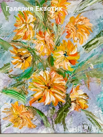 Маслена картина "Слънчогледи" с авторско стихче към нея, снимка 6 - Картини - 54152515
