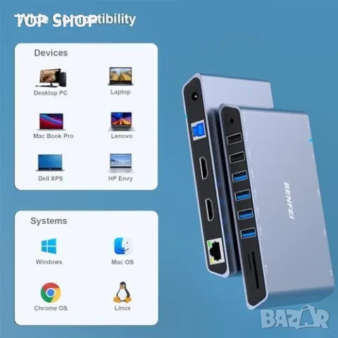 Нов 12-в-1 USB 3.0 докинг станция с двоен HDMI дисплей 6*USB порта SD TF четец, снимка 6 - Друга електроника - 49498053