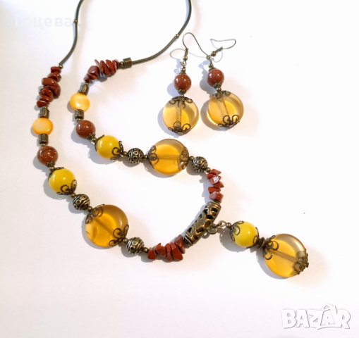 Уникален Бохо комплект бижута обици и колие с камъни Цитрин, Седеф,Яспис,Слънчев камък , снимка 7 - Бижутерийни комплекти - 42550962