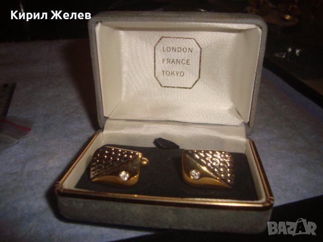 LONDON FRANCE TOKYO Маркови ЛУКСОЗНИ ПОЗЛАТЕНИ БРОНЗОВИ БУТОНЕЛИ с ФАСЕТИРАН ЦИРКОН и КУТИЙКА 28897
