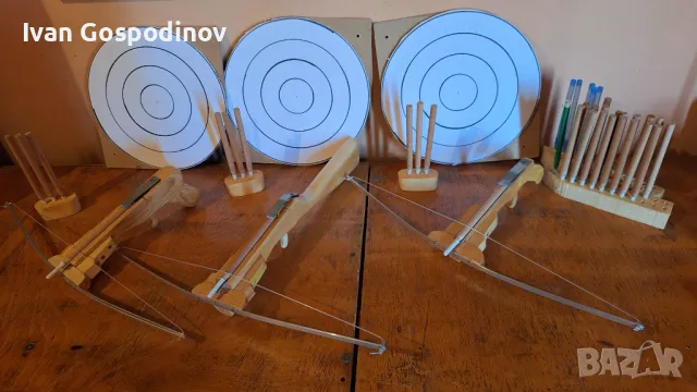Саморъчно направен детски арбалет - с мишена и три стрели, снимка 2 - Други - 48278251