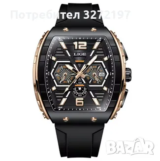 LIGE Кварцов ръчен часовник,Водоустойчив спортен часовник,Силиконова каишка,Хронограф, снимка 3 - Мъжки - 48425986