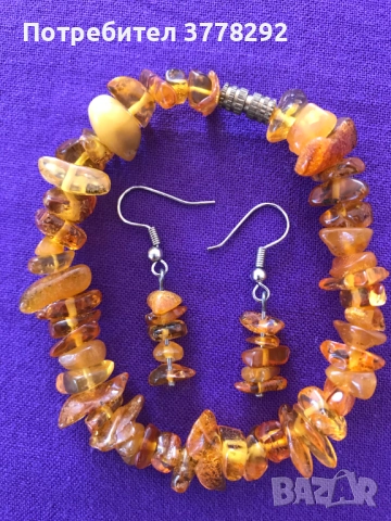 Бижута - комплект от Малахит и гривна от кехлибар -Висококачествен, естествен Балтийски, шлифован, снимка 4 - Гривни - 52027539