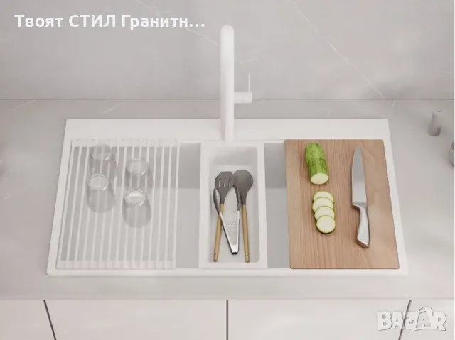Бяла кухненска гранитна мивка Осло 90 XXL Top 880 x 500 мм