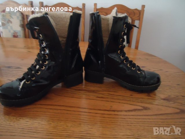 Дамски зимни обувки тип кубинки от естествена лачена кожа, снимка 4 - Дамски боти - 38551653
