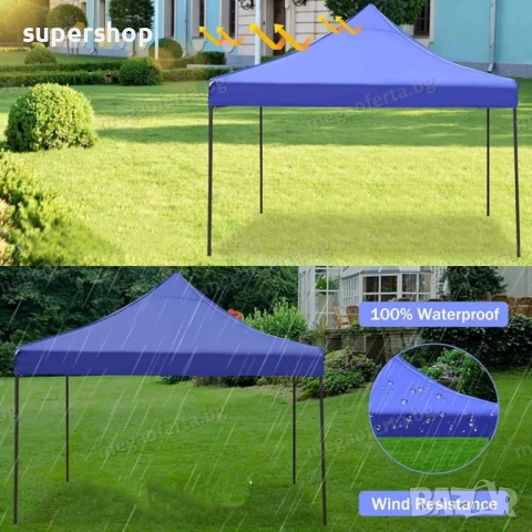 Шатра 3х3 тип Хармоника с Три Страници в Син Цвят Усилена Конструкция, снимка 8 - Градински мебели, декорация  - 54181316