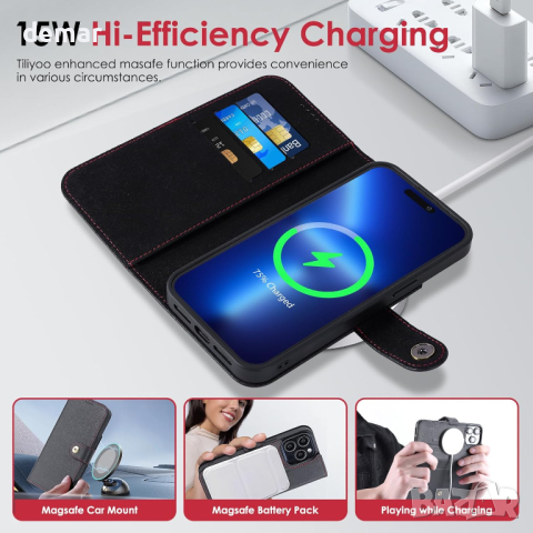 TILIYOO Калъф от естествена кожа  с Magsafe за iPhone 15 Pro Max, 6.7'', черен, снимка 2 - Калъфи, кейсове - 44530016