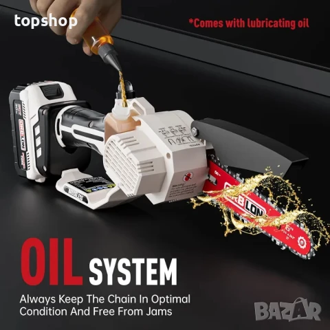 НОВ мини верижен трион, ORBLON 6'' 15см. безчетков, автоматично опъване на веригата и смазване, снимка 3 - Гедорета - 50542401