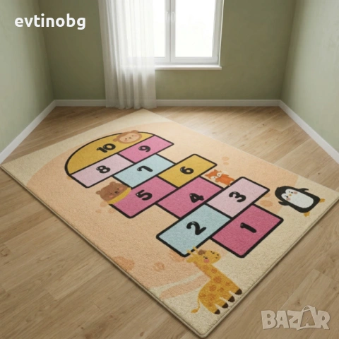 Детски килим "Високият Жираф" 120х160см – Пясъчен с Розова Дама за игра, Противоплъзгащ и Миещ се, снимка 2 - Други - 53881875
