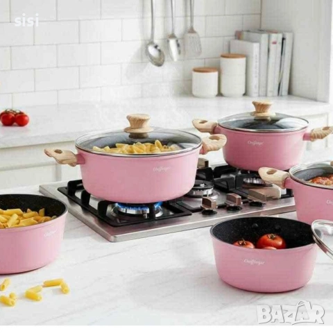 Cheffinger - Розов комплект тенджери, с мраморно покритие, здравословно готвене без залепване