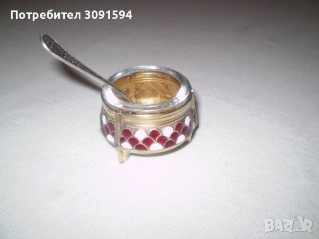 Стар Руски горчичник съд за хайвер емайл позлата със мелхио , снимка 1 - Антикварни и старинни предмети - 37850414