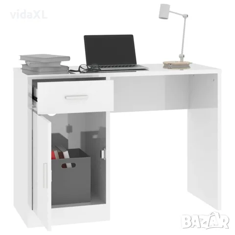 vidaXL Бюро с чекмедже и шкаф бял гланц 100x40x73 см, инженерно дърво, снимка 4 - Бюра - 56147075