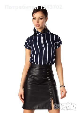 Елегантна блуза Ouranila в тъмносин цвят на бели райета, снимка 5 - Корсети, бюстиета, топове - 48045465