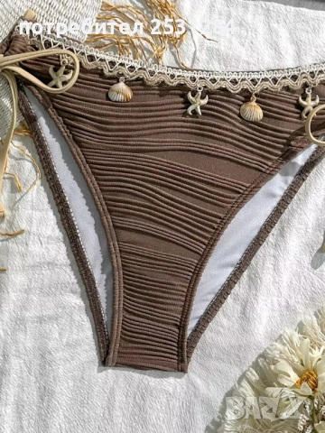 Нов кафяв бански от две части с декоративни мидички и връзки., снимка 4 - Бански костюми - 54050871
