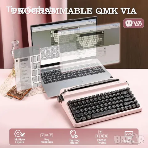 YUNZII QL75 Retro Typewriter – механична клавиатура QMK/VIA, RGB, 3 режима, снимка 10 - Клавиатури и мишки - 56017417
