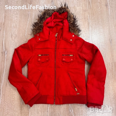 Дамско винтидж яке Miss Sixty Red Bomber, размер M, с качулка от кожа, снимка 6 - Якета - 52180718